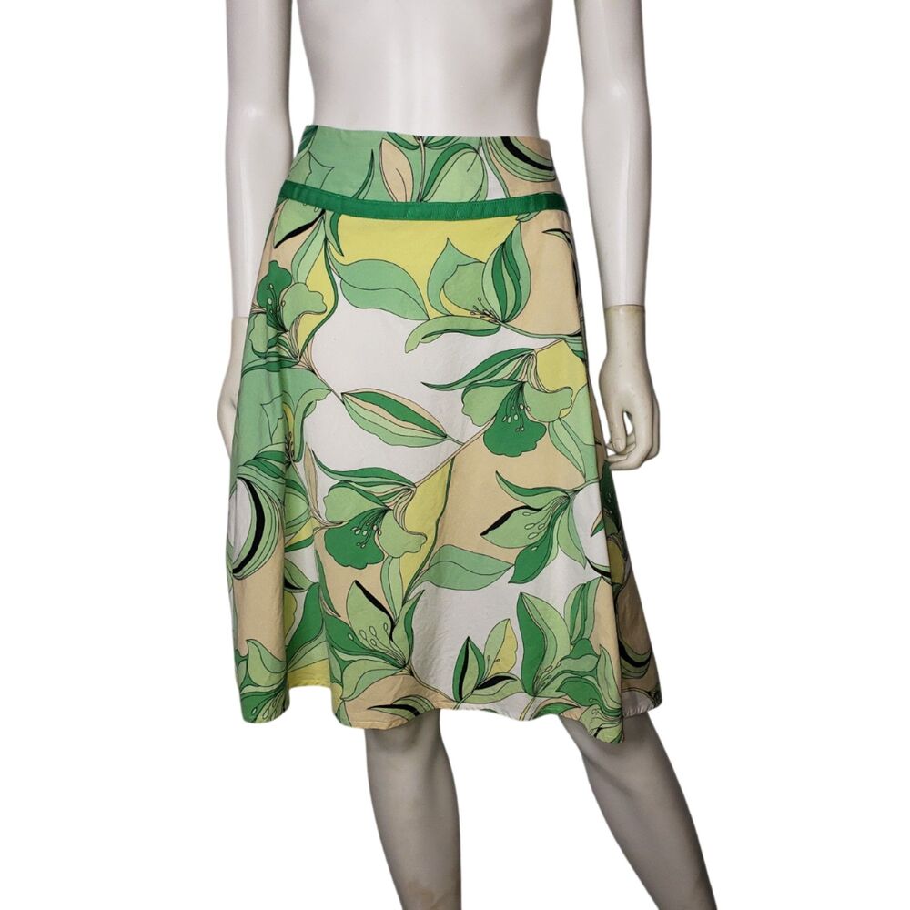 Vintage LaBelle Green Yellow Floral Print Cotton A Line Skirt Womens Size Medium